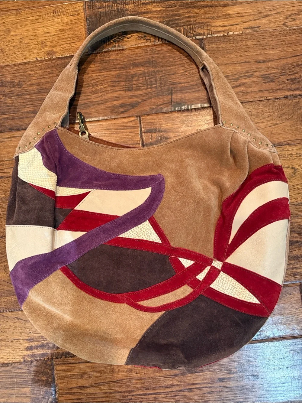 Y2K Vintage Lucky Brand Suede Patchwork Hobo in Red, Purple, Tan, Cream, Brown